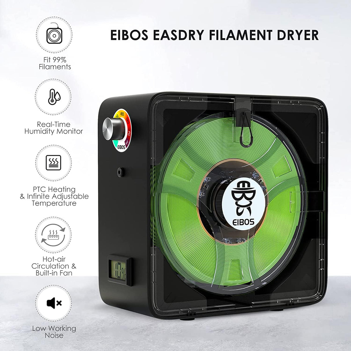 【EIBOS Official】 3D Printer Filament Dryer Easdry, 3D Printer Filament Dry Box with Fan, Adjustable Temperature, Humidity Control & Spool Holder, Compatible with 1.75mm 2.85mm 3.00mm Nylon, PLA, TPU EIBOS
