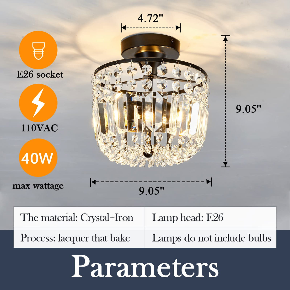 YYJLX Small Crystal Chandelier 2- Lights ,Modern Semi Flush Mount Ceiling Light Fixture for Hallway Kitchen Foyer (Black) YYJLX