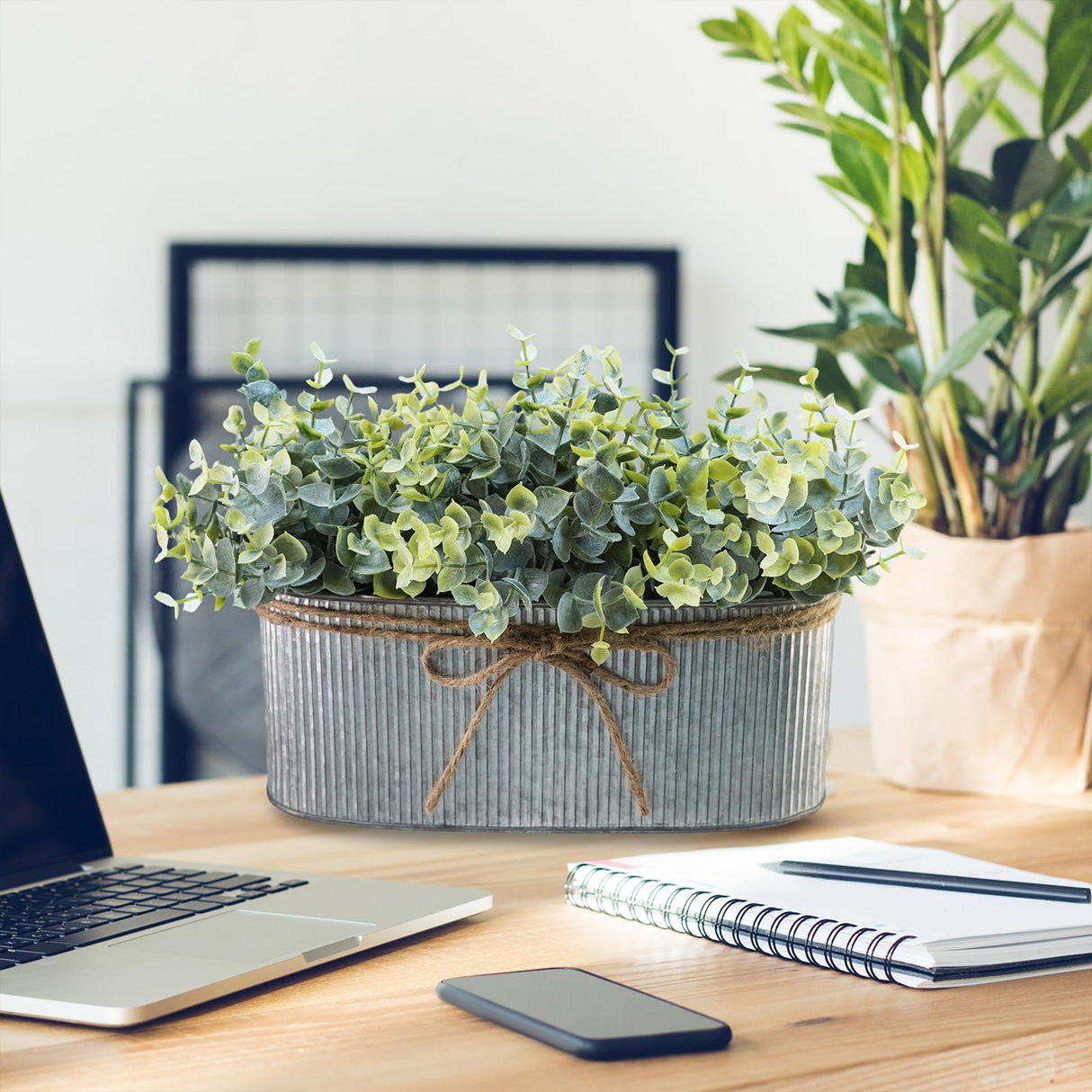 Winlyn Artificial Eucalyptus Arrangement in Rustic Oval Galvanized Metal Planter Box Faux Eucalyptus Bush Greenery Potted Plants for Farmhouse Indoor Home Office Table Centerpiece Kitchen Décor Winlyn