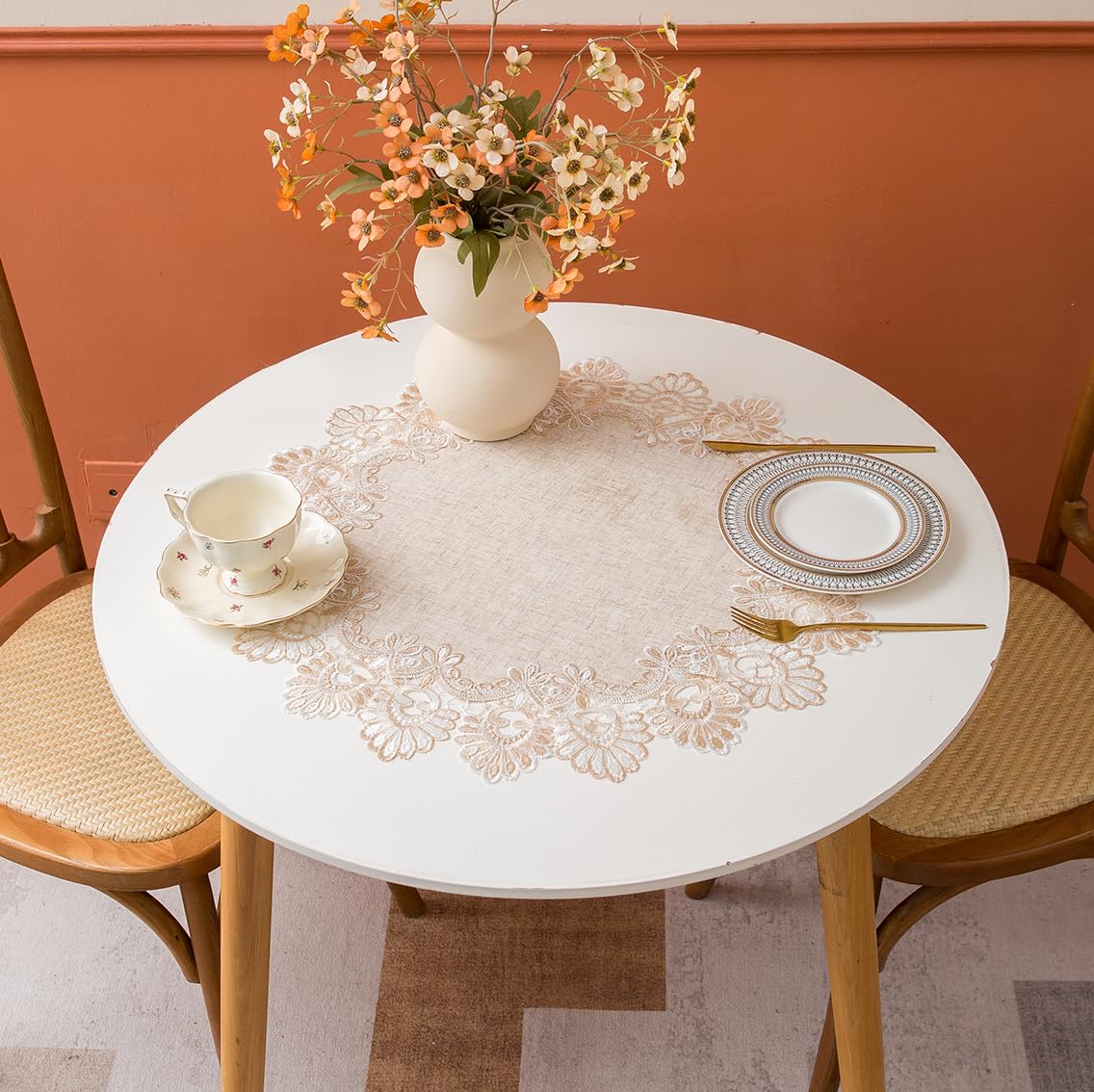 European Antique Jacquard Lace Table Doilies,Small Farmhouse Linen Embroidered Table Topper Scarf Place Mat RusticTable Cover (Flower Shape, Diameter 23.5Inch) VIRFONOR