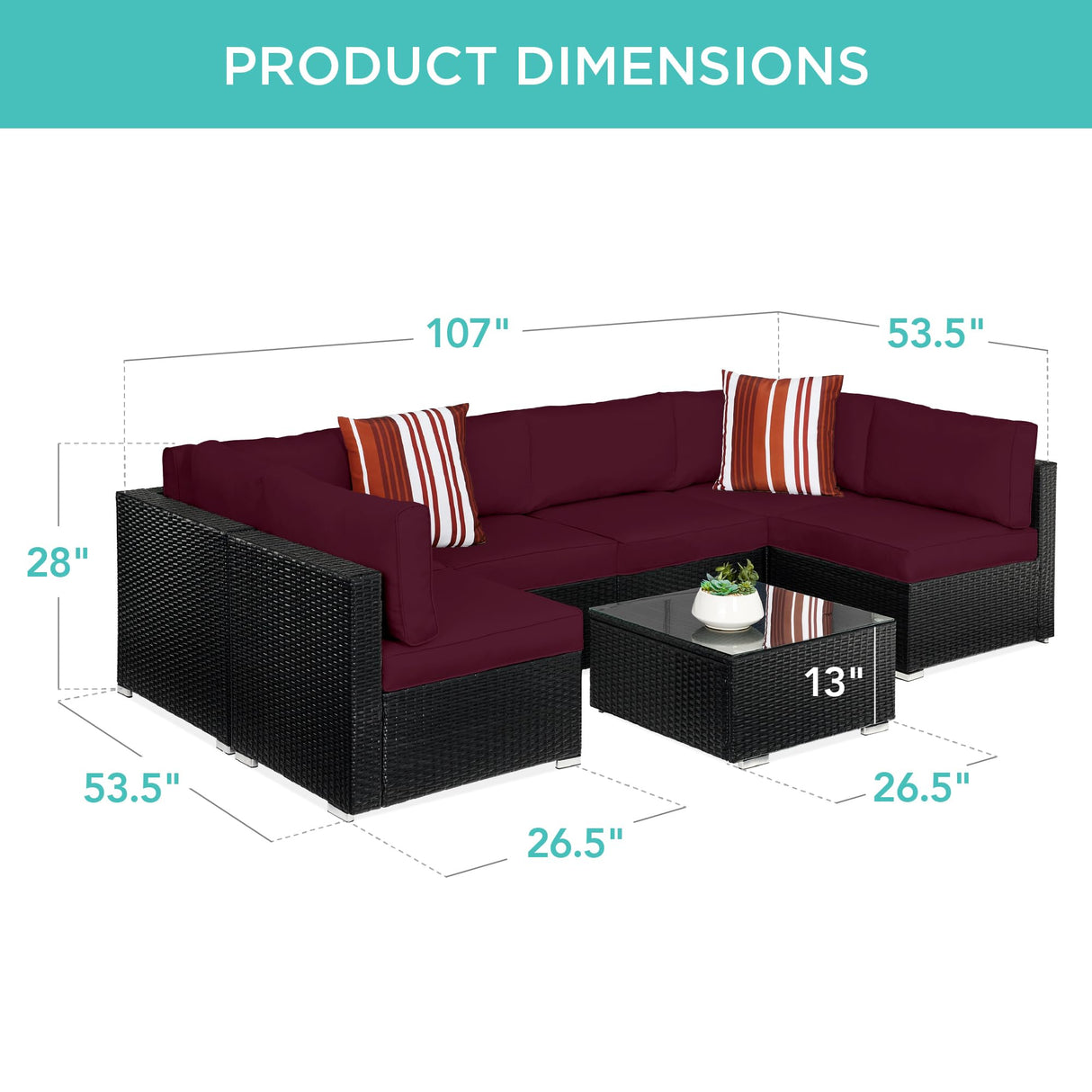 Best Choice Products 7-Piece Modular Outdoor Sectional Wicker Patio Conversation Set w/ 2 Pillows, Coffee Table, Cover Included - Black/Deep Burgundy Best Choice Products