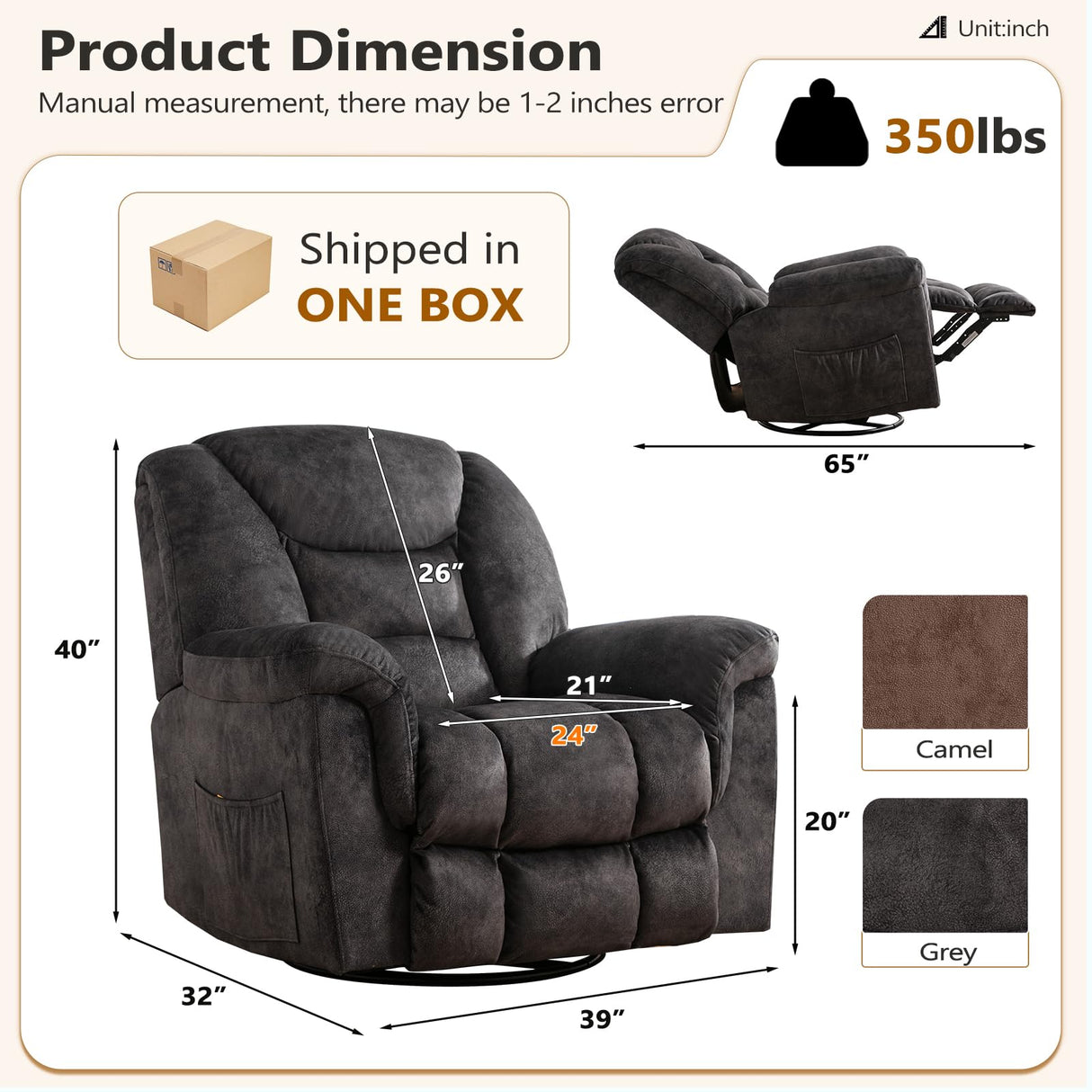 ANJ Rocking Recliner Chair Oversized Swivel Rocker Recliners, Comfy Glider Rocking Chairs for Big Man, Extra Wide Recliners Overstuffed Reclining Chair for Living Room, Grey ANJ