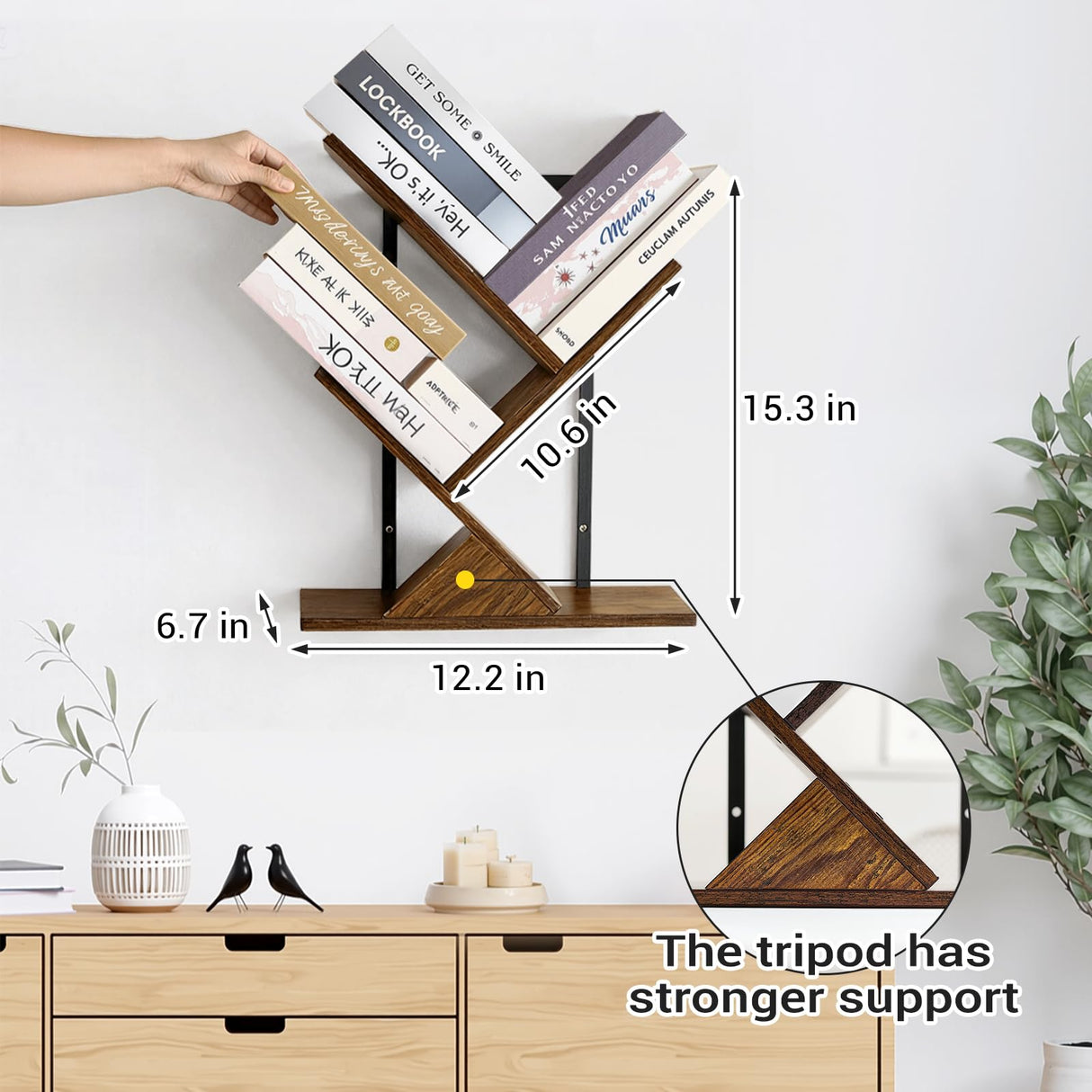 Tree Bookshelf 3 Tier Book shelves for Wall, Unique Hanging Bookshelf Wall Mounted Desk Bookshelves Organizer for Magazine/Books, Small Tree Bookshelf for Bedroom, Living Room Office, Rustic Brown BESHIGH
