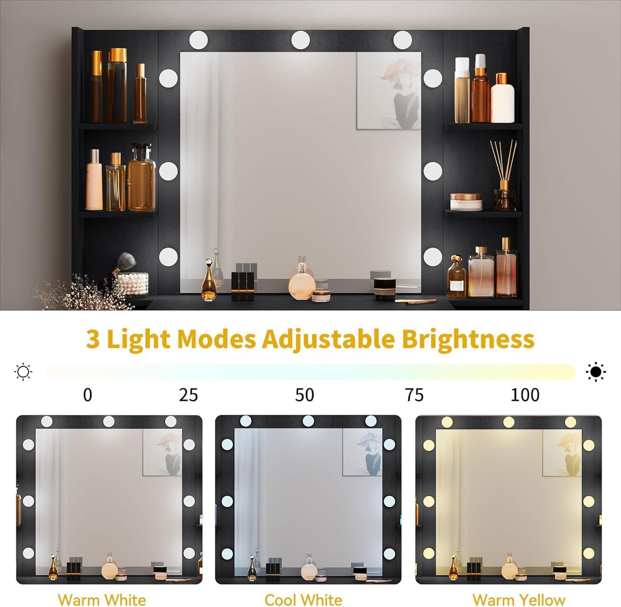 DWVO Makeup Vanity Desk with Hollywood-Style Mirror, Adjustable LED Lighting, Vanity Table Set with Stool and Power Outlet, Storage Drawers, Shelves and Cabinet, Dressing Room, Carbon Black DWVO