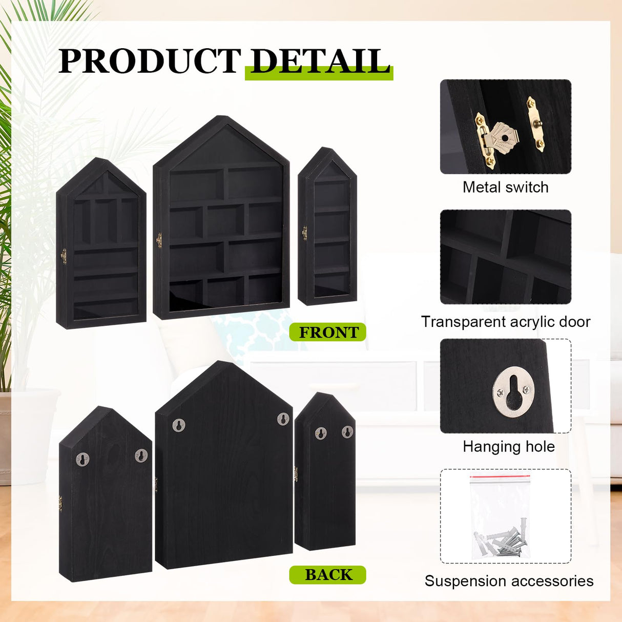 DoubleFill Set of 3 Shadow Cubby Boxes Wooden House Shaped Display Shelf 10 x 15 Inch Large Wall Mounted Display Storage Shelves for Mini Figures Curio Trinket Medals Crafts Collections(Black) DoubleFill