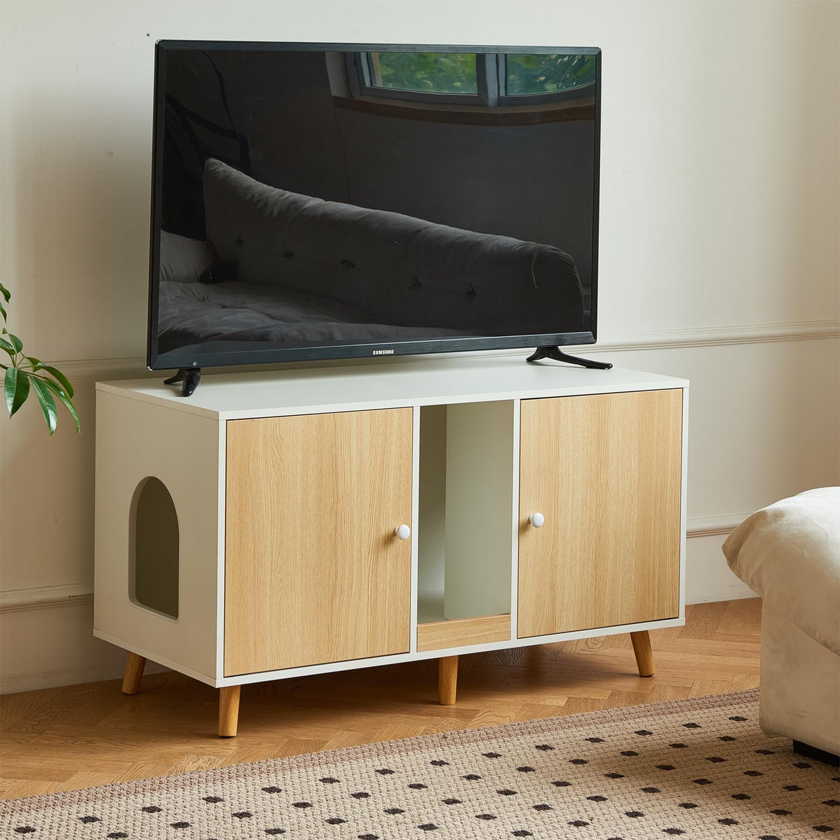 JanflyHome Litter Box Enclosure for 2 Cats - 42.5" Double Hidden Cat Litter Box Cabinet with Scratching Pad Large Space Indoor Pet House Crate Furniture Modern, Wood JanflyHome