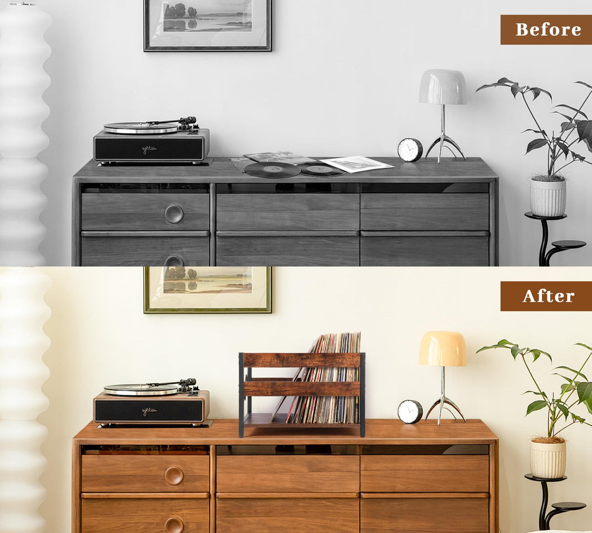 Y&M Vinyl Record Storage Crate, Wooden Storage Box, Classic Cube CD Albums Shelf Holder Organizer, Holds Up to 100+ Records, Magazine Rack for Desktop, Home, Office, Brown Y&M