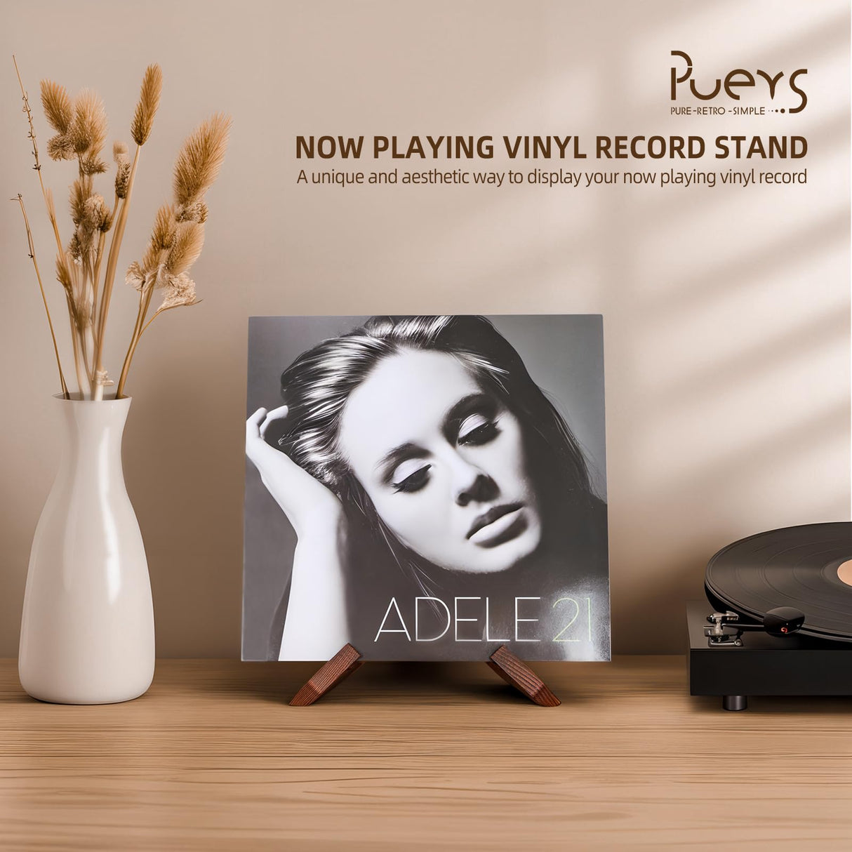 PUERSI Now Playing Vinyl Record Stand, Wooden Display Vinyl Holder Stand, Retro Now Spinning Record Accessories - Rustic Brown PUERSI