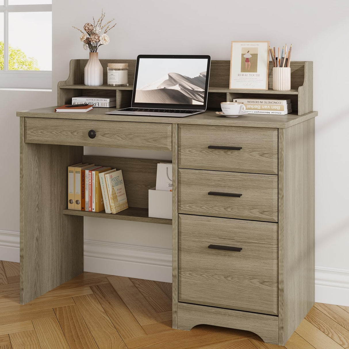 4 EVER WINNER Computer Desk with Drawers, Farmhouse Home Office Desk with Monitor Stand and File Drawer, Wood Simple PC Desk with Storage, Writing Desk for Bedroom, Grey 4 EVER WINNER