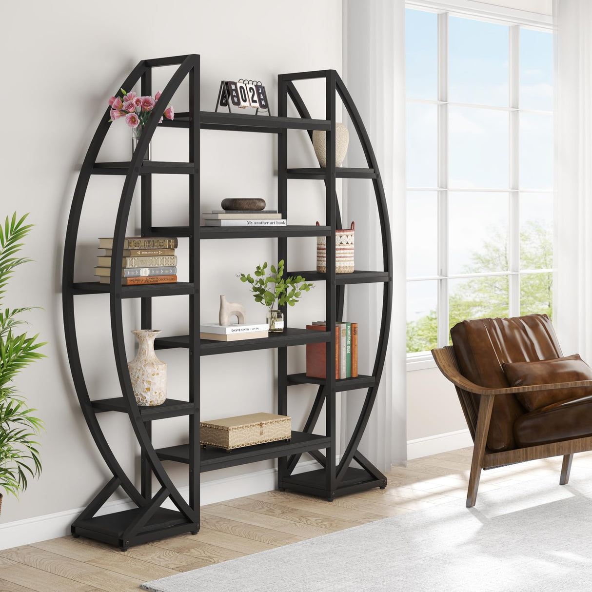 LITTLE TREE Half-Moon Shaped Bookshelf, Oval Triple Wide 5 Tiers Etagere Bookcases, Industrial Display Shelves for Living Room LITTLE TREE