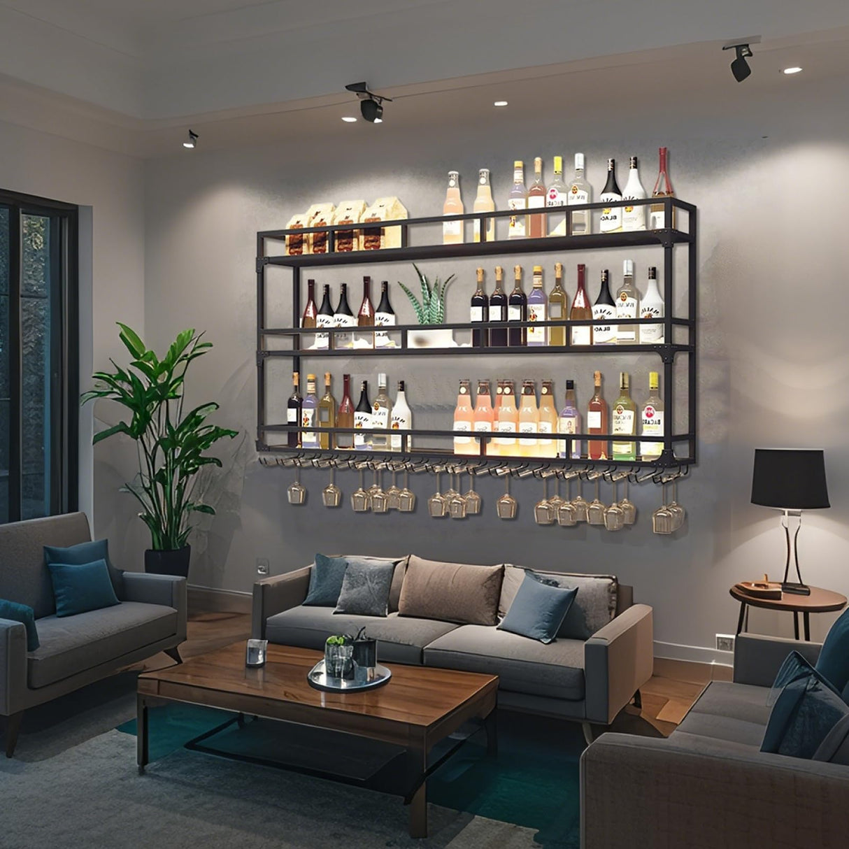 Modern Wine Rack Wall Mounted With Glass Holder,3-Tier Bar Liquor Shelf,Black,Metal Large Capacity Hanging Wine Storage Racks,Iron Floating Bar Shelves For Liquor Bottles,For Kitchen Dining Room AKOGG