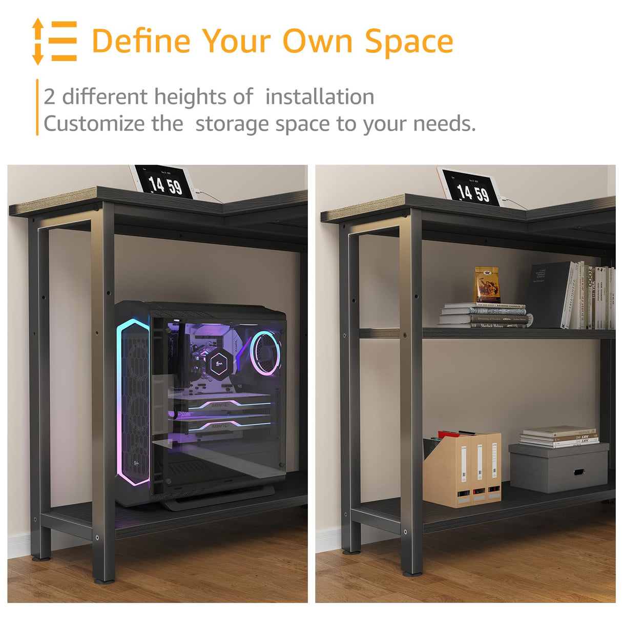 DLisiting Black L Shaped Gaming Computer Desk with Power Outlet Shelves, 40 Inch Small Corner Desk for Small Space Home Office, Study Work PC Desks for Bedroom, Black DLisiting