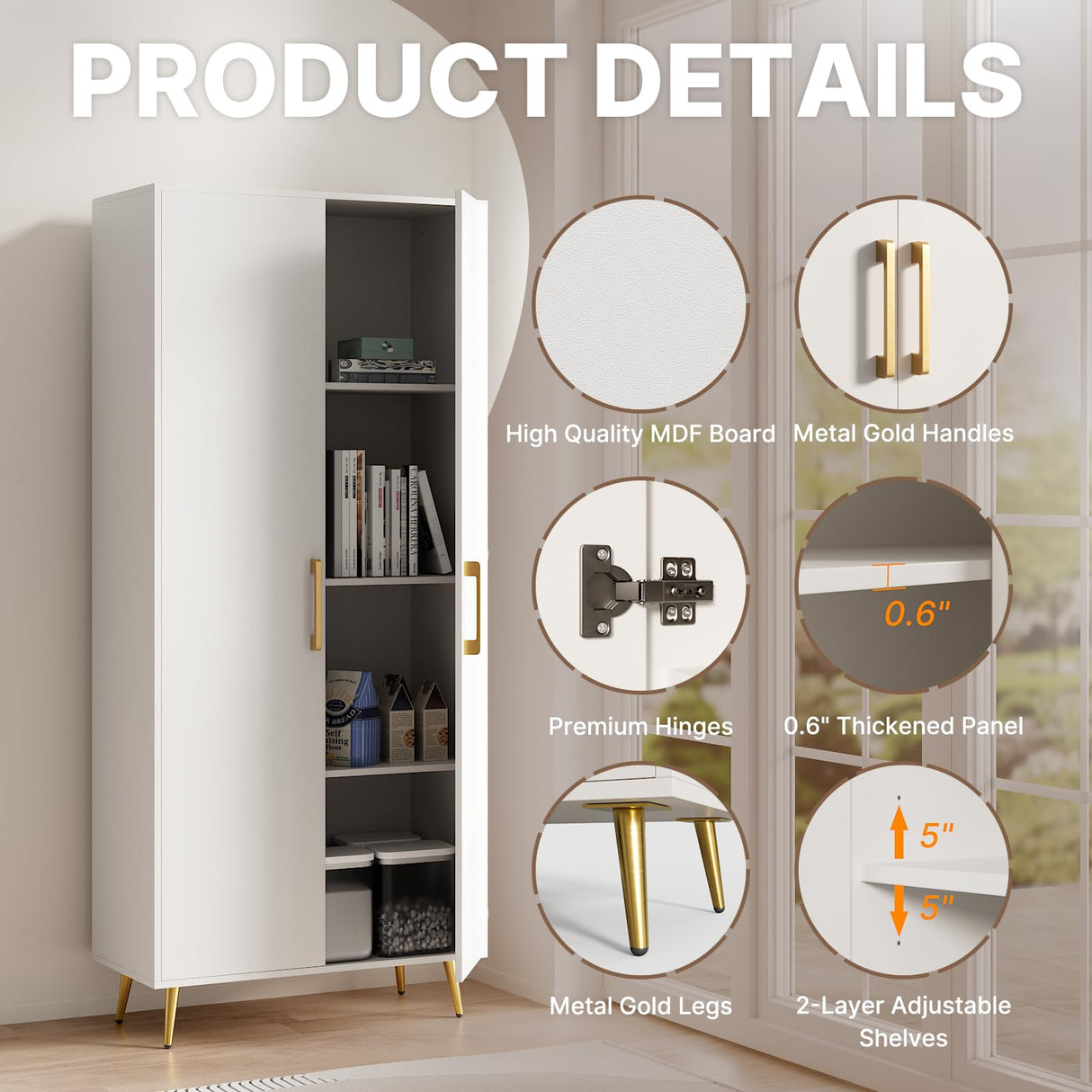 NOVAMAISON Storage Cabinet Set of 2, 69” Tall Storage Cabinet with Doors and Shelves, Freestanding Kitchen Pantry with Gold Handles and Legs, White NOVAMAISON