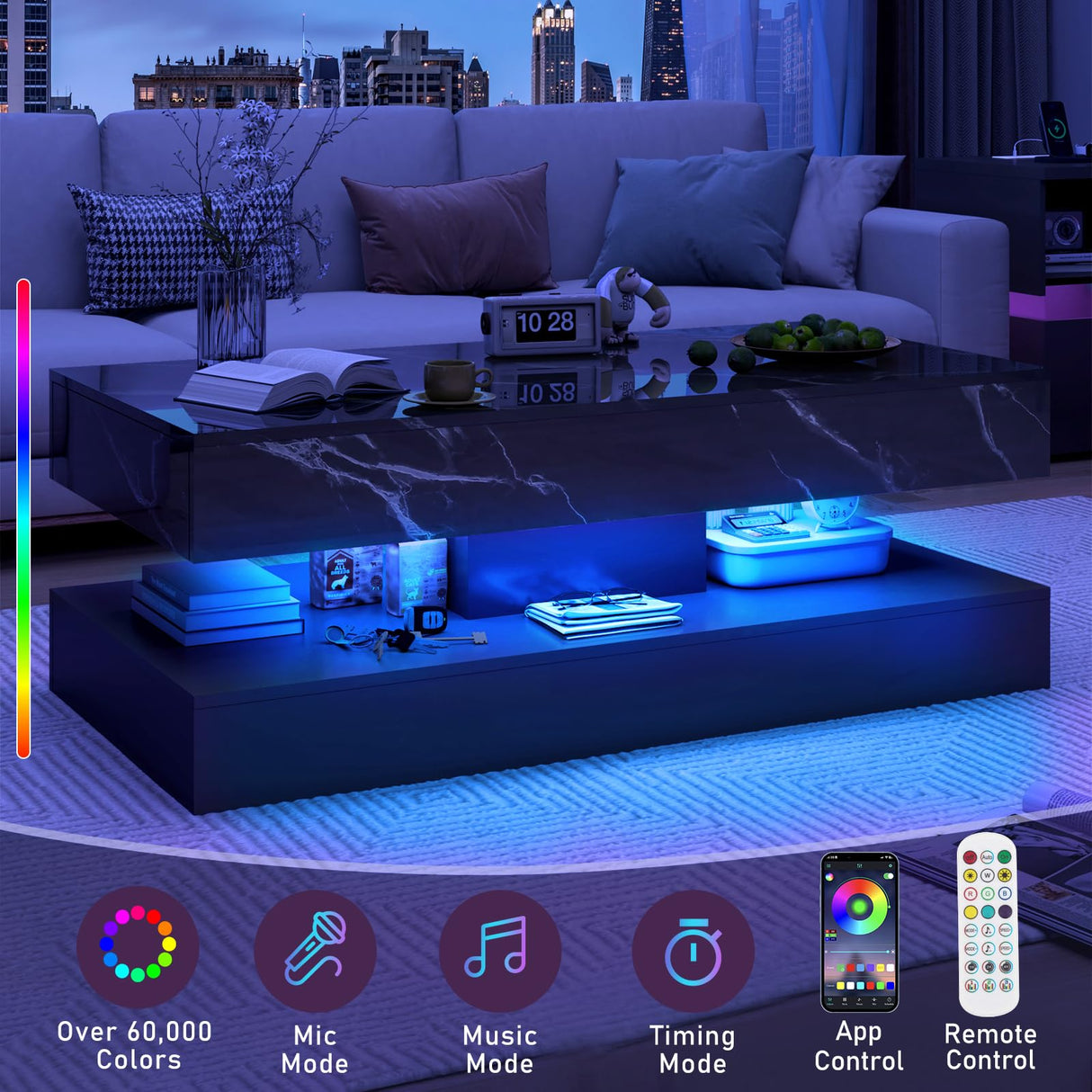 chartustriable 47inch Large High-Glossy LED Coffee Table with 2 Sliding Drawers, Living Room Storage Tables with Marbling Print, Modern Stylish Double-Layer Center Tables w/LED Lights, Black chartustriable