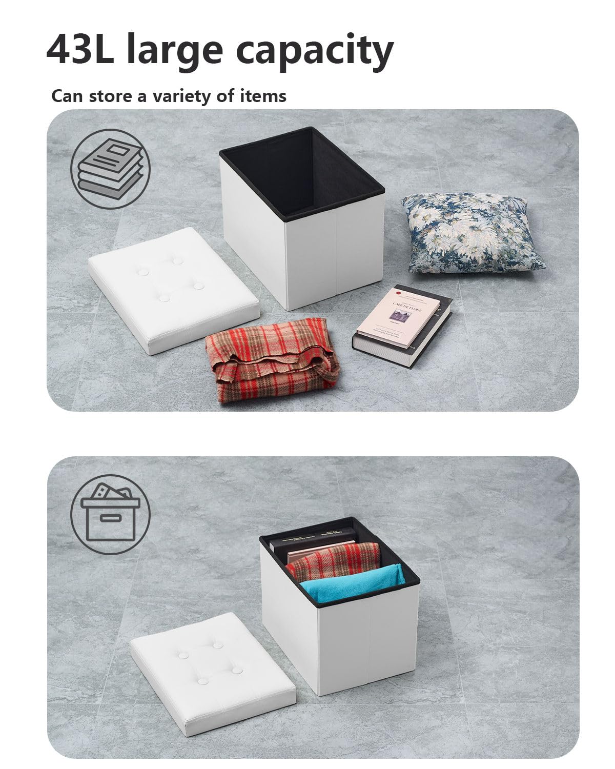 Bsketa Folding Storage Ottoman, Foot Stool with Thicker Foam Padded Seat Small Leather Storage Ottoman Bench Foot Rest for Living Room Foldable Coffee Table 17x13x13in,White Bsketa