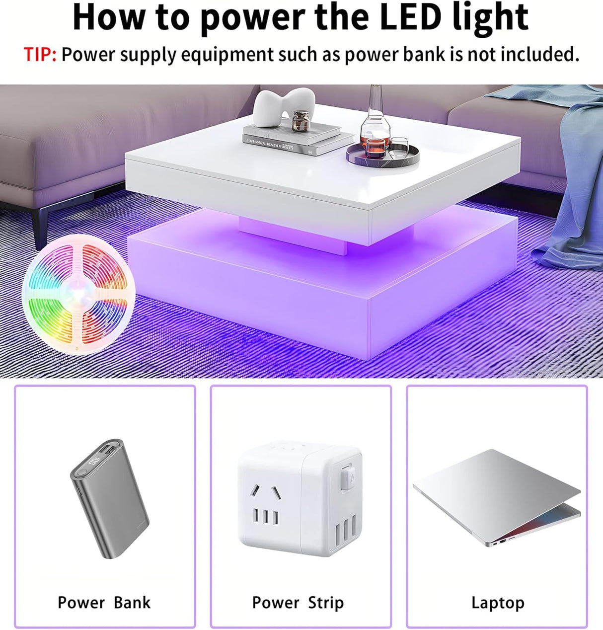 LED Coffee Table for Living Room with Storage - High Glossy Modern White Center Table with 2 Drawers, Square Wooden Middle Table with 16-Color Lights 31" x 31" x 14.6" (White) FKWin