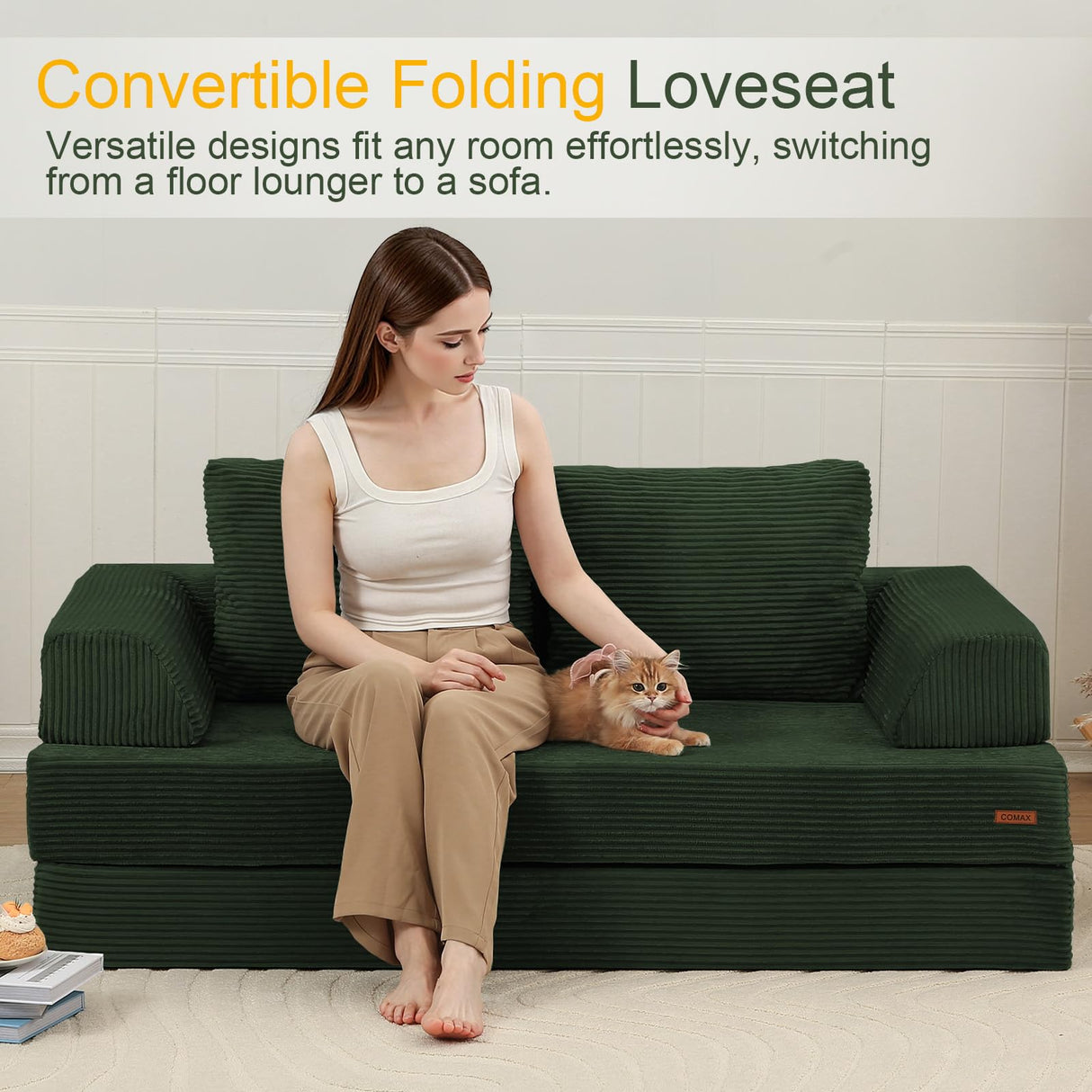 COMAX Convertible Sofa Bed, Folding Floor Couch Corduroy Fold Out Couch Bed Futon Sleeper Mattress with Pillows, Boneless Sofa Comfy Lounge Loveseat for Living Room Bedroom, Green COMAX