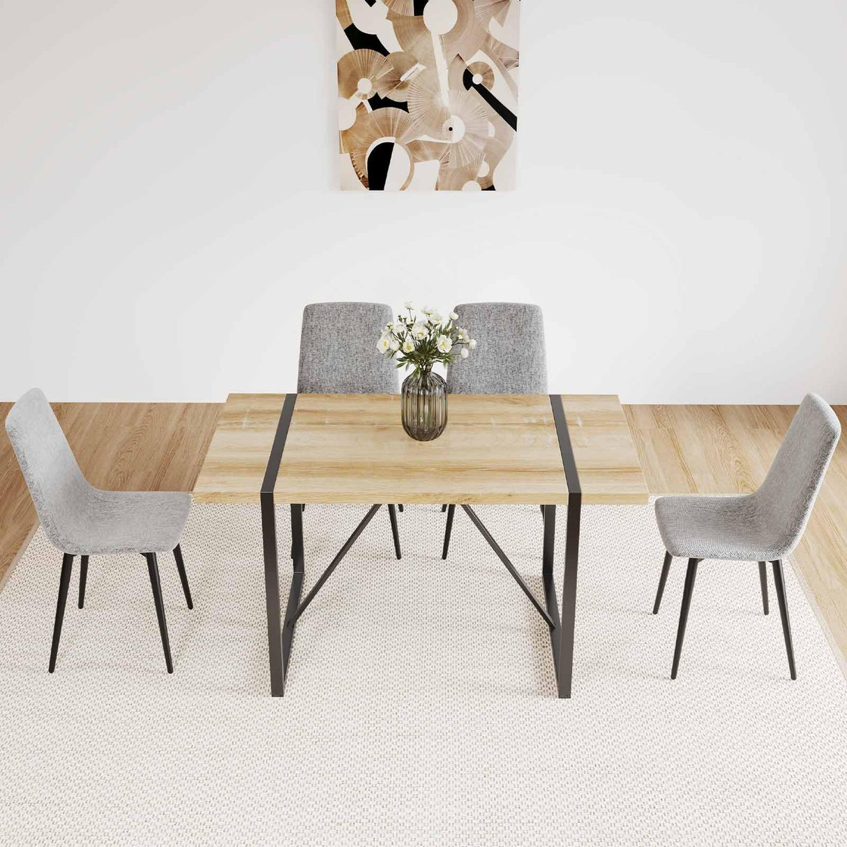 WIIS' IDEA Modern Dining Table Set for 4,Rectangular Solid Wood Dining Table for 4 People,Metal Base and Legs,Suitable for Living Room,Dining Room,Kitchen,55" Dining Table+4Gray Chair WIIS' IDEA