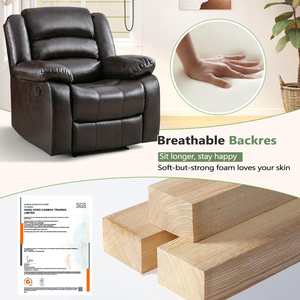 ANJ Manual Recliner Chair Set of 2, Breathable Faux Leather Reclining Chairs with Overstuffed Arm and Back, Living Room Single Sofa Recliners (Dark Brown) ANJ