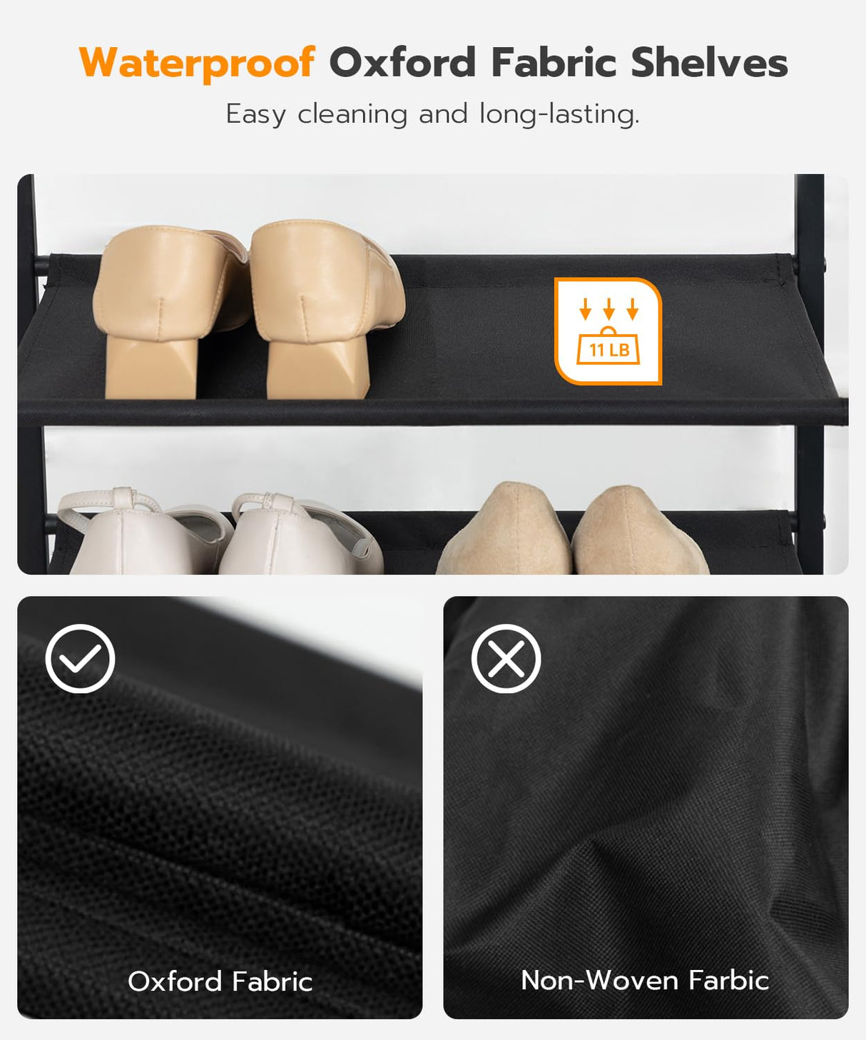 HOOBRO Shoe Rack, 4 Tier Shoe Storage Organizer with 3 Oxford Fabric Shelves and Top Panel, Holds 12-16 Pairs of Shoes for Entryway and Closet, Industrial, Rustic Brown BF47XJ01G1 HOOBRO