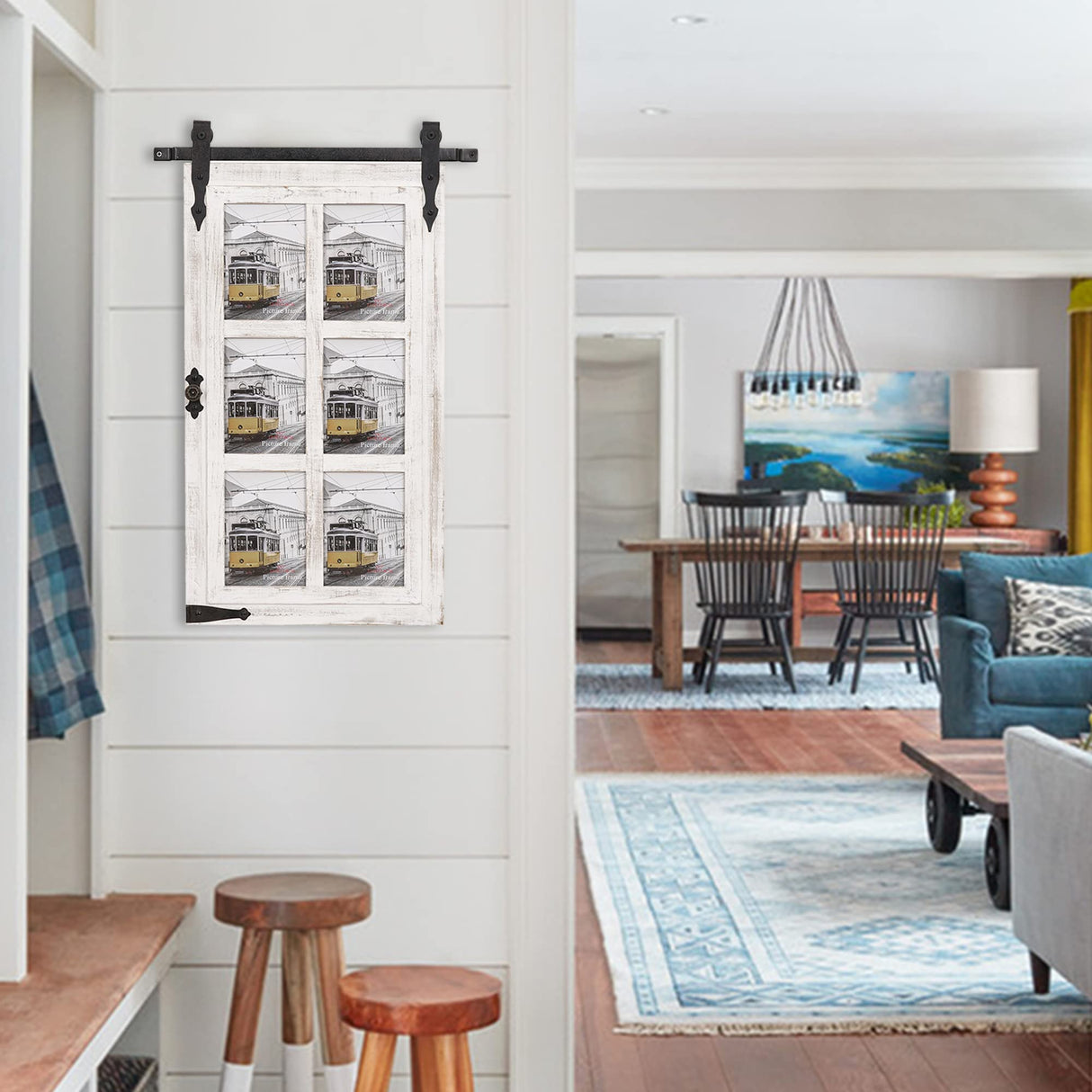 RiteSune White Wooden Barn Door 5x7 Photo Picture Frame Collage Wall Mounted for Family Entryway, Living Room, Bedroom RiteSune