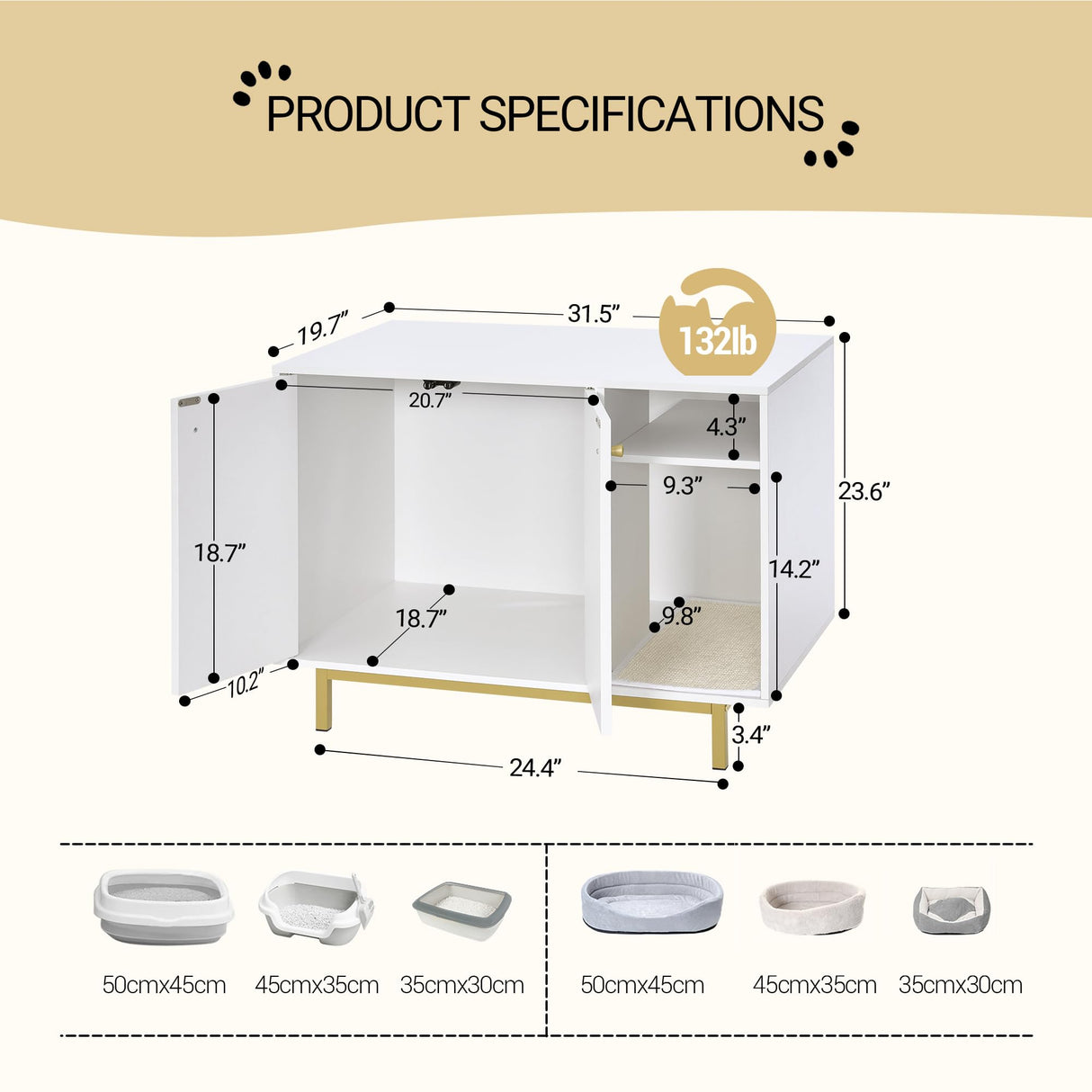 Hzuaneri Cat Litter Box Enclosure, Hidden Litter Box Furniture, Wooden Pet House Side End Table, Storage Cabinet Bench for Living Room, Bedroom, 31.5 x 19.7 x 23.9 inches, White and Gold 01503GCLB Hzuaneri