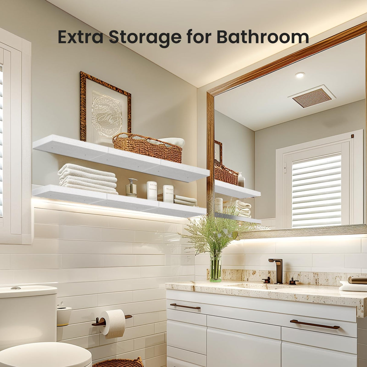 AMADA HOMEFURNISHING Floating Shelves, Wall Shelves for Bathroom/Living Room/Bedroom/Kitchen Decor, White Shelves with Invisible Brackets Set of 3 - AMFS08 AMADA HOMEFURNISHING