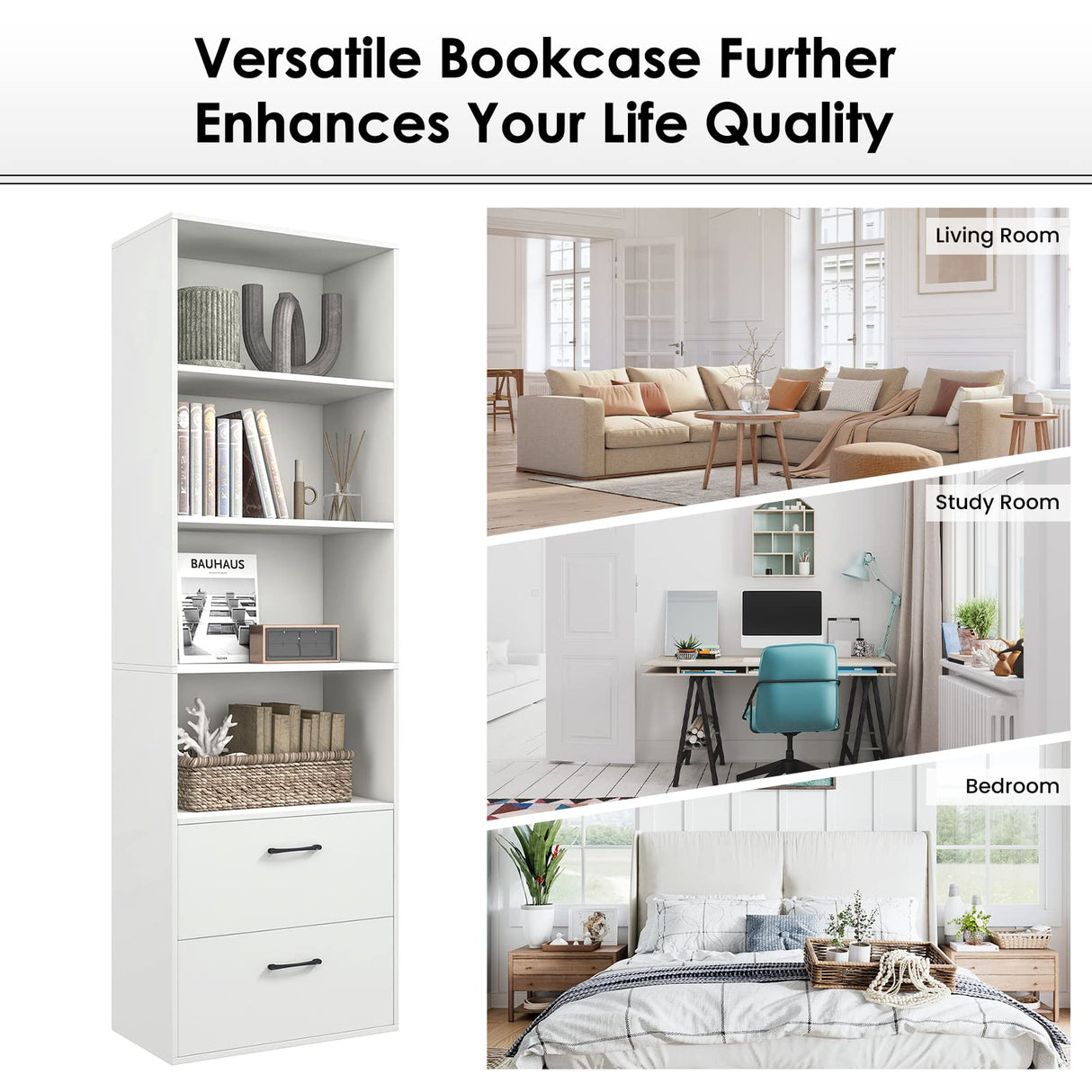 Tangkula 4 Shelf Bookcase with 2 Drawers, 74 Inch 4 Tiers Tall Open Bookshelf with 2 Slide-Out Drawers, Anti-toppling Device, Freestanding Wood Storage Shelf for Home Office (White, 74" H) Tangkula