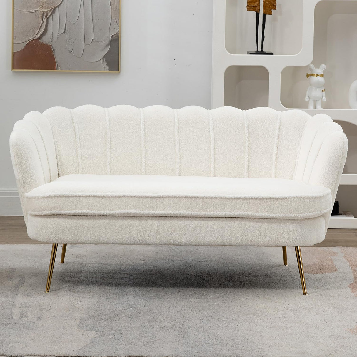 Anwick 59" Small Modern Chenille Loveseat Sofa, 2-Seater Sofa with Gold Metal Legs, Small Couch with Flower Shaped Back for Living Room Bedroom Office (Ivory) Anwick