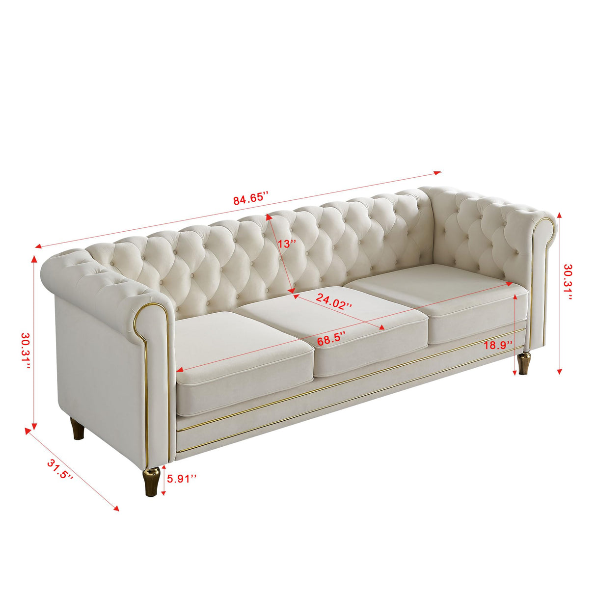 KEIKI 85" Chesterfield Velvet Tufted Button Sofa with Deep Seat Cushions and Rolled Arms, Modern Style 3-Seater Couch Decorated with Gold Strip, Easy Assembly, for Living Room, Bedroom, Office, Beige KEIKI
