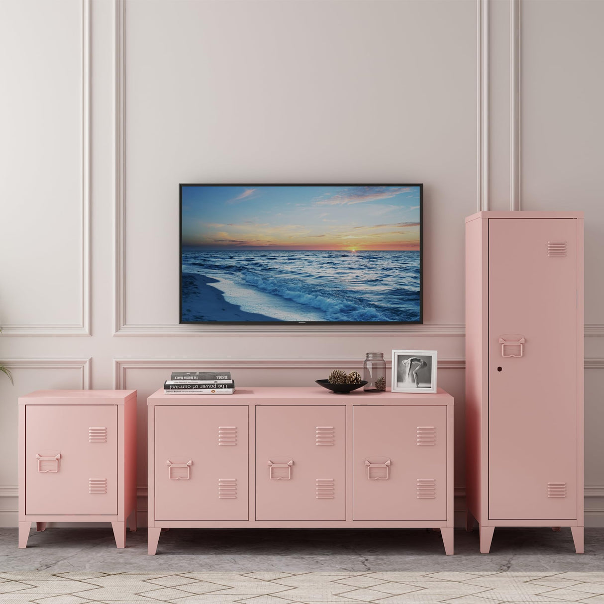 MIOCASA TV Stand Metal TV Table with Storage Steel 3 Door Locker Cabinet for Living Room (Pink) MIOCASA