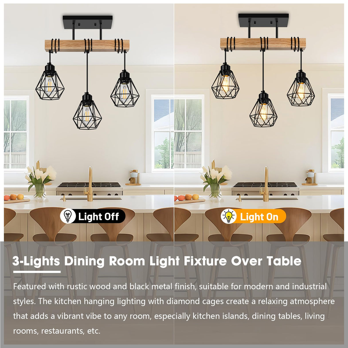 Feanron 3-Lights Farmhouse Dining Room Pendant Light Fixtures Over Table, Rustic Solid Wood Kitchen Island Lighting Hanging with Metal Shades, Modern Black Ceiling Pendant Lamp for Living Room Hallway Feanron