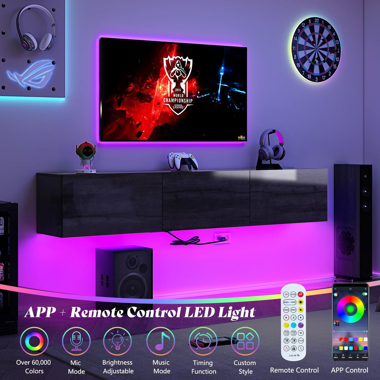AMERLIFE 70" Floating TV Stand with LED Lights and Power Outlet, High Gloss Wooden Texture Wall Mounted Media Console Entertainment Center for TVs Up to 80", Black AMERLIFE