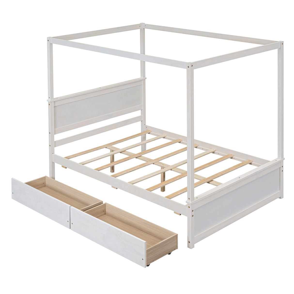 Full Size Canopy Bed with 2 Storage Drawers, 4-Post Wood Full Platform Bed Frame with Headboard, No Box Spring Needed - Brushed White Bellemave