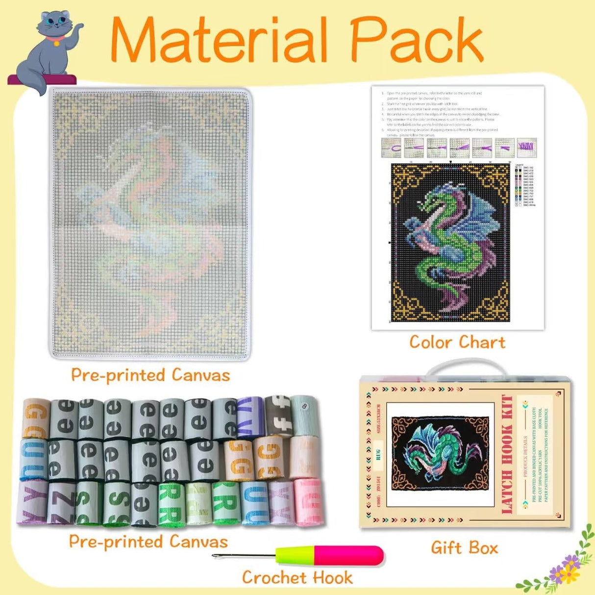 YOOTOM Dragon Latch Hook Rug Kits for Adult, DIY Rug Crochet Making Kits with Pre-Printed Canvas and Latch Hook Tool and Enough Yarn, 20x15in YOOTOM