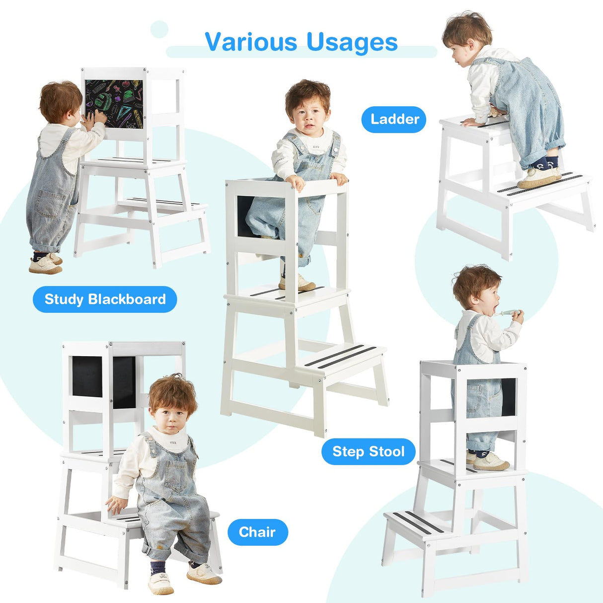 Yojoker Kids Kitchen Step Stool - Toddler Standing Tower, Toddler Kitchen Stool Helper, Montessori Kids Learning Stool with Safety Rail, Anti-Slip Mats and Chalkboard (White) Yojoker