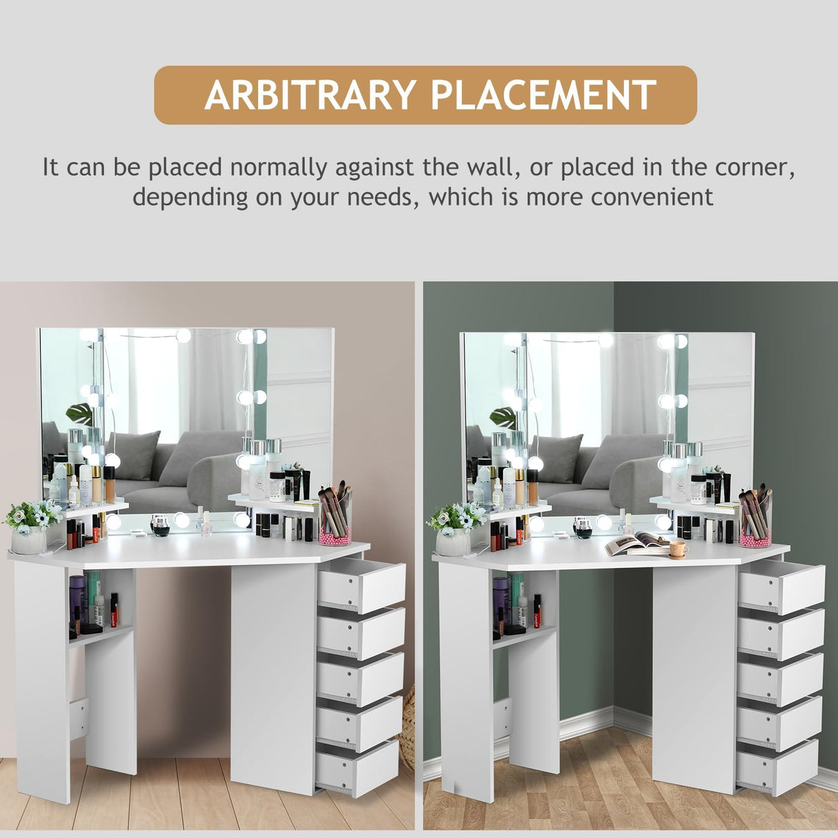 elifine Vanity Desk with Mirror and Lights, Makeup Corner Vanity with 5 Storage Drawers Shelves and 3 Dimmable Lighting Options and Vanity (White) elifine