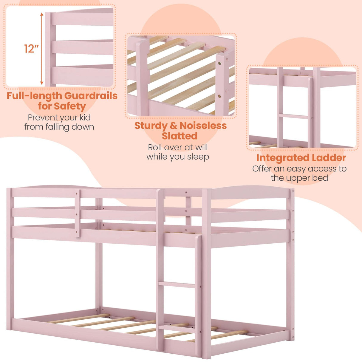 Giantex Twin Low Bunk Bed, Solid Wood Twin Over Twin Bunk Bed Frame with Full Guardrails & Integrated Ladder, Floor Twin Bunk Beds for Kids Boys and Girls, No Box Spring Needed (Pink) Giantex