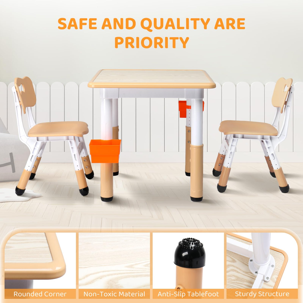 JOYMOR Height-Adjustable Kids Table and Chair Set w/ 2 Pen Boxes(2 Chairs Included), Activity Table and Chairs for Kids 2-5 Suitable for Crafts and Study w/Anti-Slip Chair Legs (Beige) JOYMOR