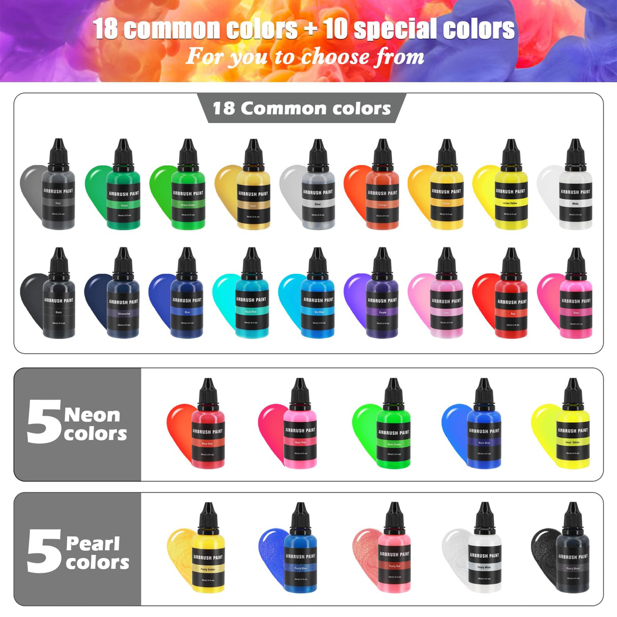 Airbrush Paint Set, 28 Colors Airbrush Paint Water-Based Acrylic 1fl oz, Opaque, Pearl and Neon Colors, Ready to Spray, Leather & Shoe, Premium Paint for Artists, Beginners and DIY Projects Ykall
