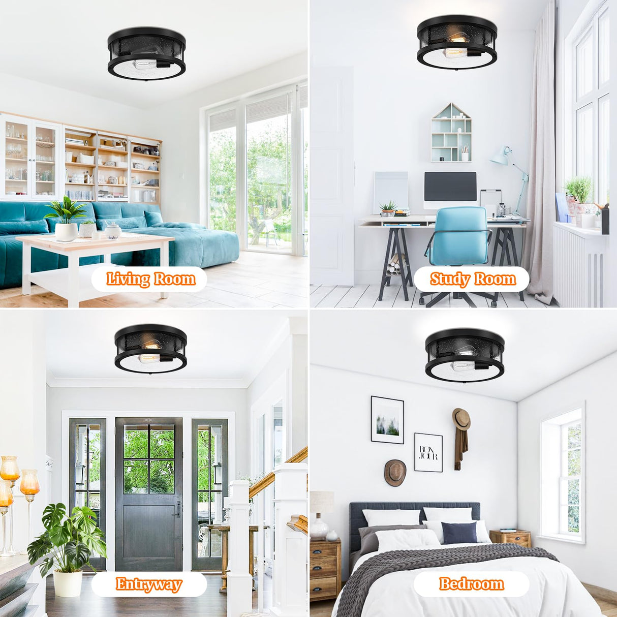 Black Flush Mount Ceiling Light Fixture, Farmhouse Light Fixture with Seeded Glass Lampshade, 2-Light Industrial Close to Ceiling Light Fixture for Hallway, Kitchen, Entryway, Foyer(Bulb Not Included) Brightever