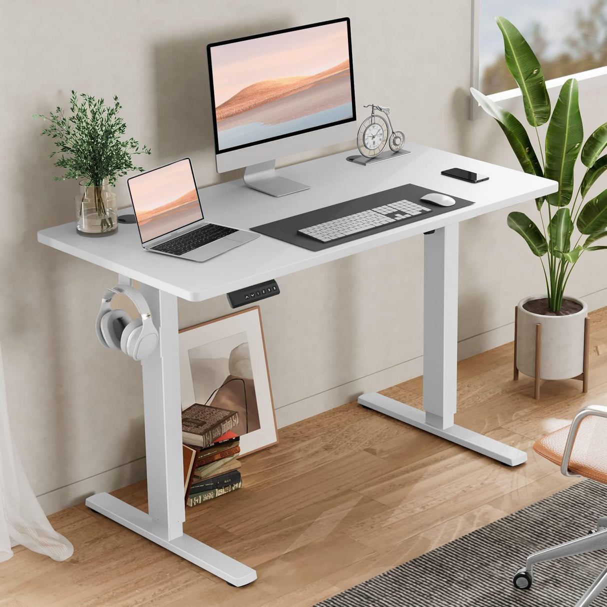 SMUG Standing Desk, Adjustable Height Electric Sit Stand Up Computer Table, 40x24 Inch Ergonomic Rising Modern Lift Motorized Gaming Desktop Workstation for Work Home Office - White SMUG