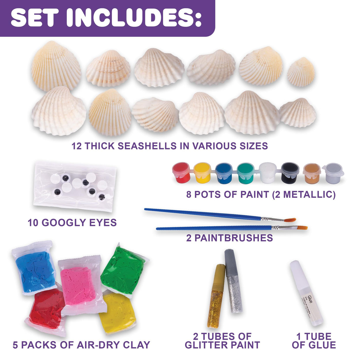 ArtCreativity Seashell Painting Kit for Kids - Sea Shell Craft Kit with 12 Real Seashells, 8 Paint Pots, 2 Glitter Paint Tubes, Air Dry Clay, and More - Summer Arts and Crafts Kits for Girls Ages 4-12 ArtCreativity