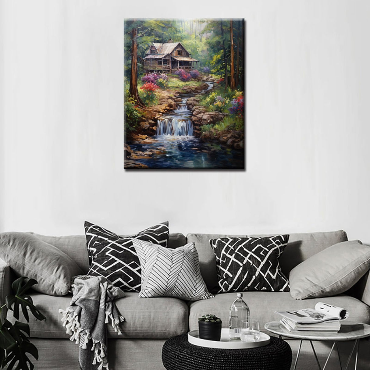 Tucocoo Forest Waterfall Paint by Numbers Kits 16x20 inch Canvas DIY Oil Painting for Adults with Brushes and Acrylic Pigment-Rustic Wood Cabin Trees Landscape Picture for Home Decor (Without Frame) Tucocoo