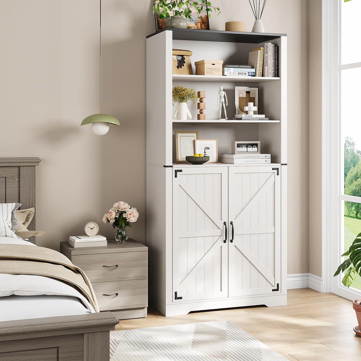 Maupvit 67" White Tall Bookshelf and Bookcase with Doors, 5-Tier Farmhouse Book Shelf with Storage Cabinet, Open Display Shelves, Wood Large Book Storage Cabinet for Living Room, Study, Kitchen, Home Maupvit