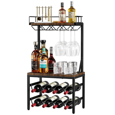 Nuovoware 3-Tier Liquor Cabinet with Wine Rack, Freestanding Liquor Stand with 8-Bottle for Mini Bar, Versatile Wine Rack Freestanding Floor with Tabletop and 8 Glass Holders, Black+Retro Brown