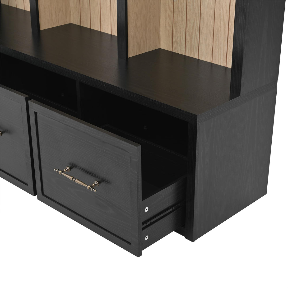 LUMISOL Farmhouse Entryway Hall Tree with Arched Design, 59" Entryway Bench with 3 Drawers, Entryway Coat Rack with 8 Retro Hooks, Rustic Hall Cabinet for Living Room Mudroom, Black LUMISOL