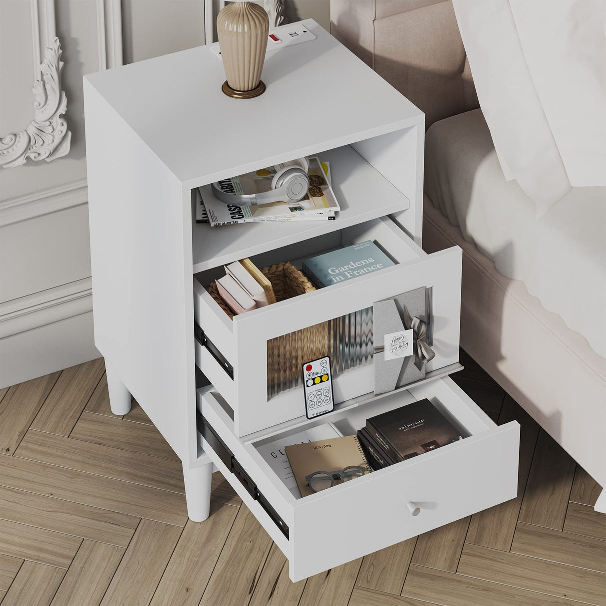 Saudism White Nightstand with Charging Station, End Table with Glass Drawers, Night Stand with LED Lights, Wood Bedside Tables for Bedroom, 15.7”×13.7”×23.8” Saudism