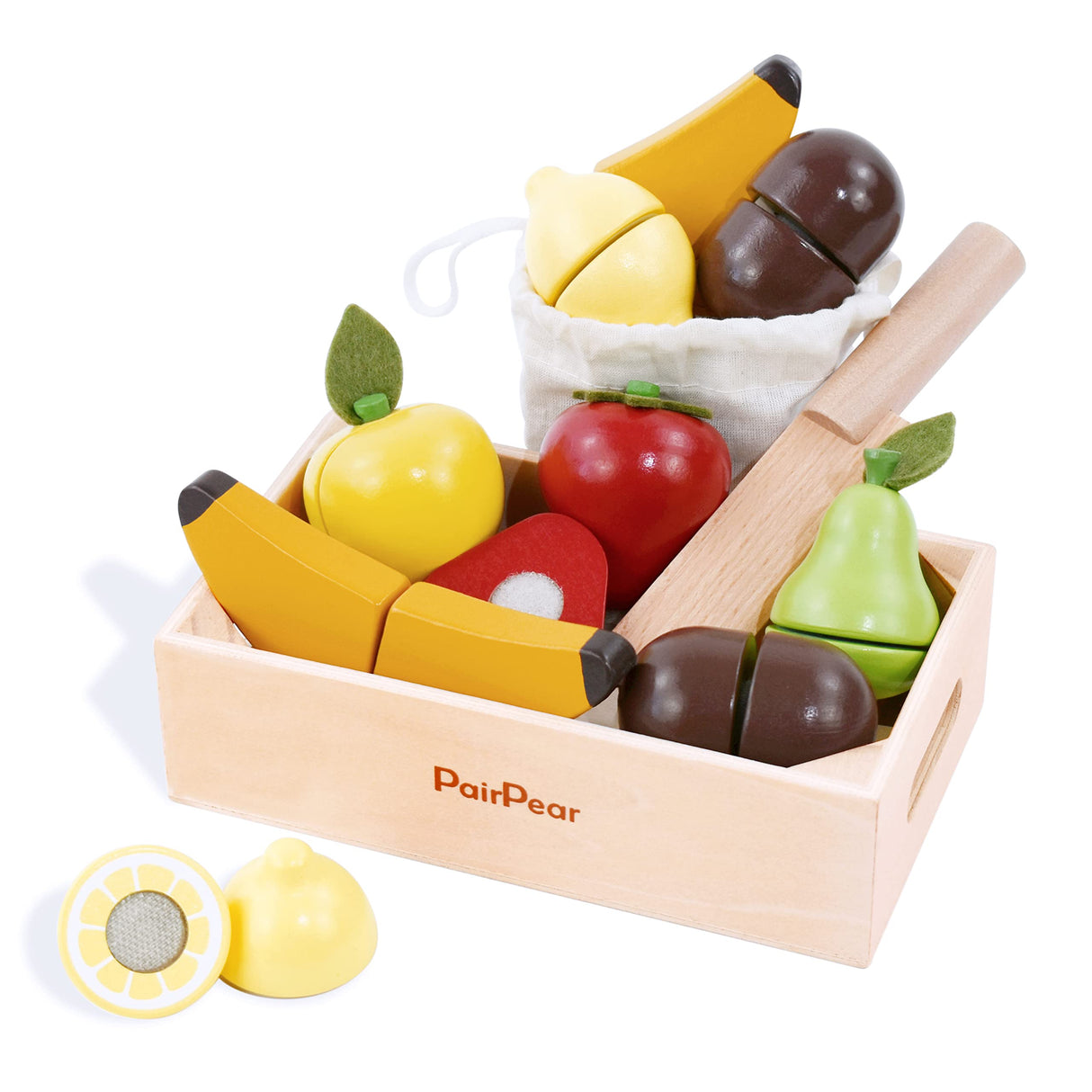PairPear Wooden Play Food Cutting Fruit Set - Wooden Toys for Toddlers Toy Food Play Kitchen Accessories PairPear