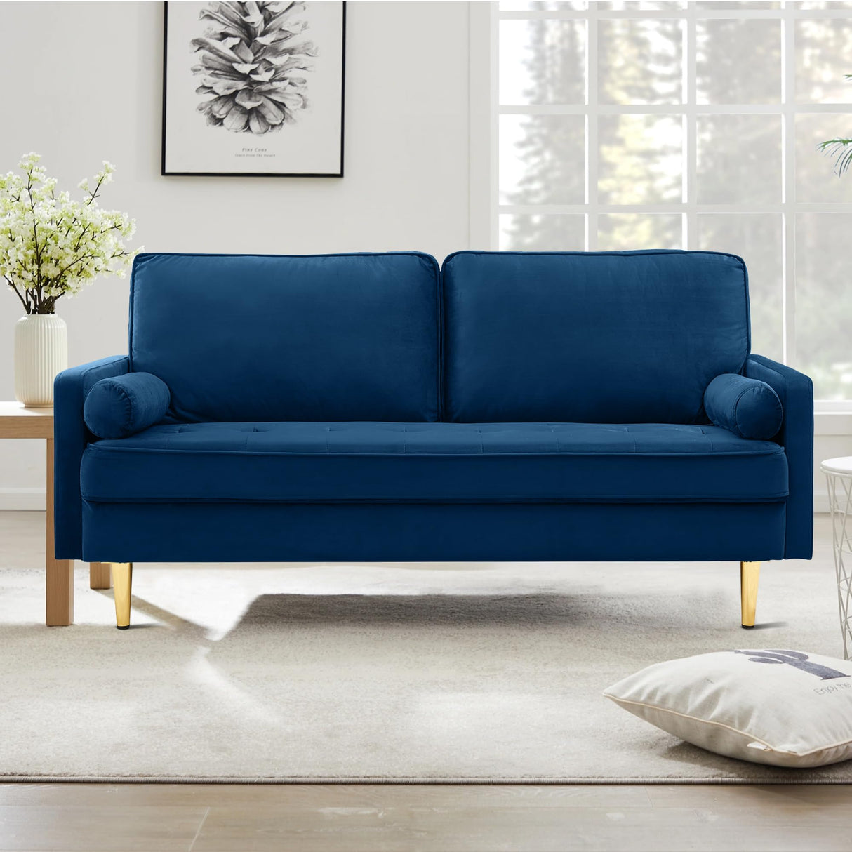 RXRRXY 67" Modern Velvet Loveseat Sofa Couch, Mid-Century Tufted Upholstered Small Love Seat Couch with 2 Pillows & 4 Golden Legs, 2-Seats Couches for Compact Space, Living Room, Apartment (Navy) RXRRXY